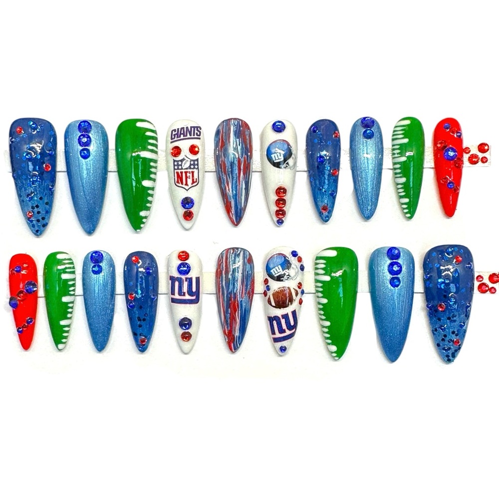 Handmade Custom Press On Nails Medium Length Almond Shape NY Giants Nails